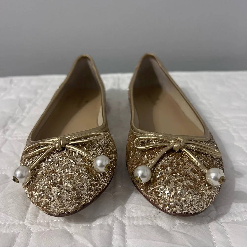 Kate Spade Ellio Ballet Flats Gold Beaded Bow Slip On Shoes 8.5
